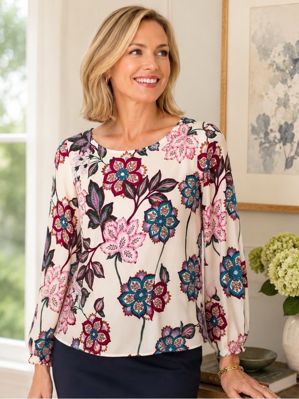 Talbots Floral Poet Sleeve Blouse Ivory Pink Long Sleeve Size XS NWT